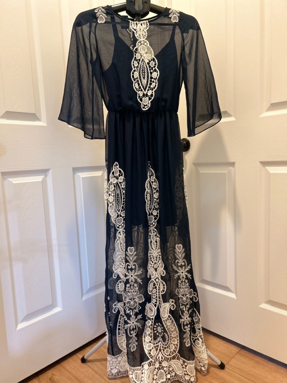 Alice + Olivia Navy Maxi Dress with White Lace Appliqué